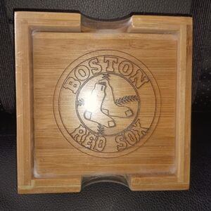 BOSTON RED SOX COASTER SET - Baseball Bar Gift Drink Wood Oak Kitchen Glasses